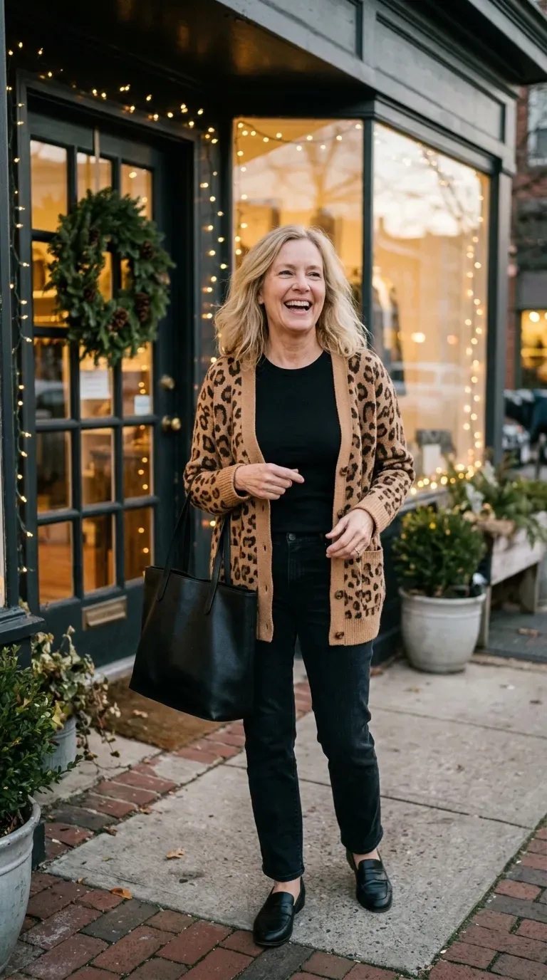 Woman over 50 in leopard print cardigan and dark jeans outside a cozy holiday shop