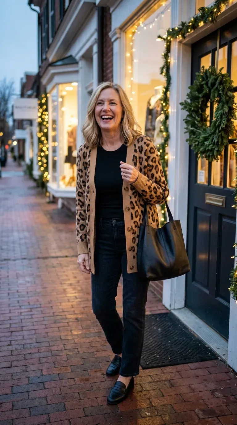 Woman over 50 in leopard print cardigan and dark jeans outside a holiday boutique