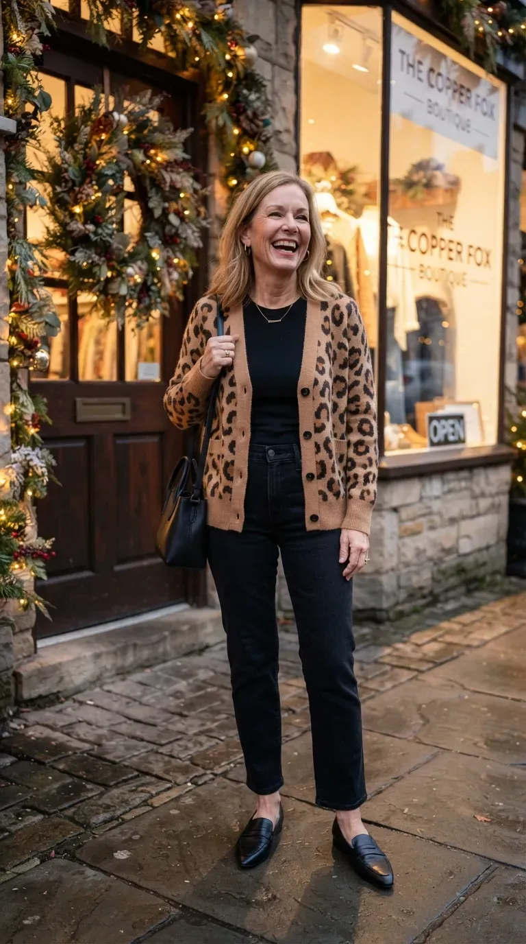 Petite woman over 50 in leopard print cardigan and dark jeans outside a holiday boutique