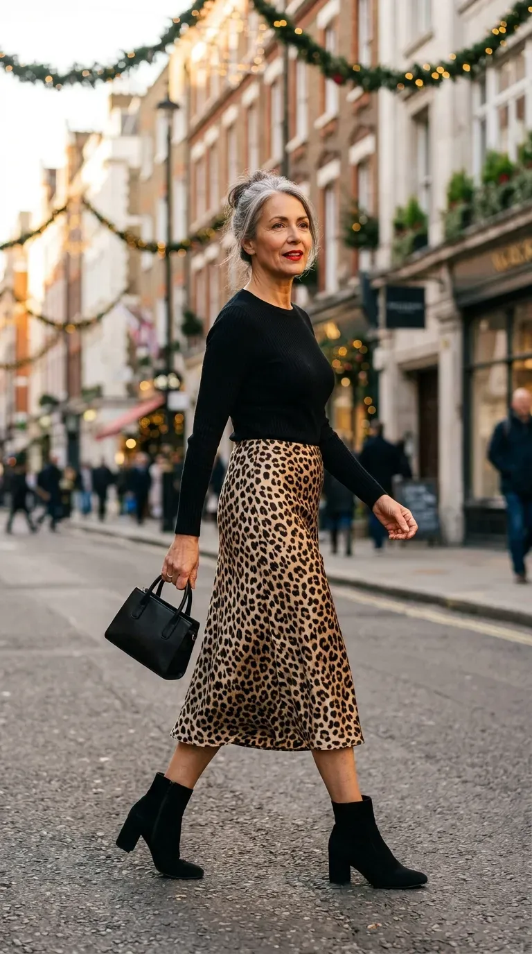 Woman over 50 in leopard midi skirt and black knit on a festive London street