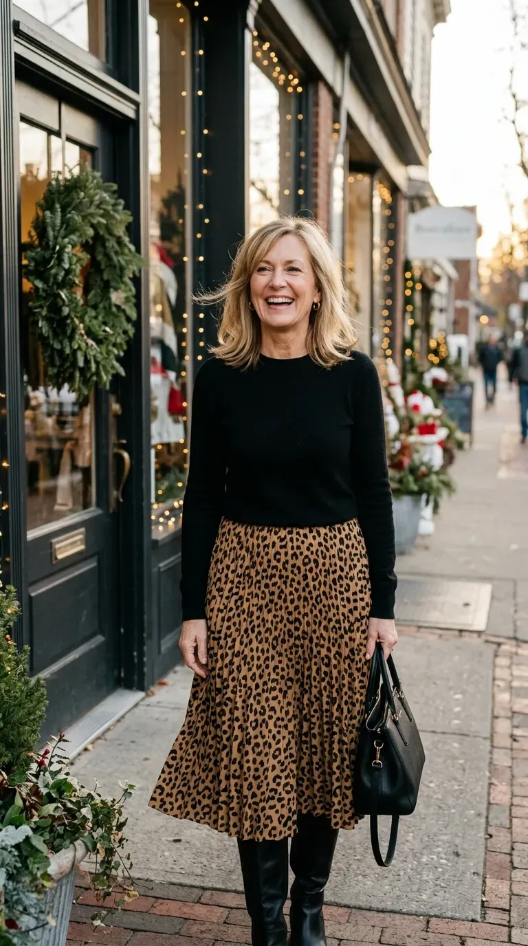 Woman over 50 in leopard midi skirt and black knit with tall boots outside a boutique
