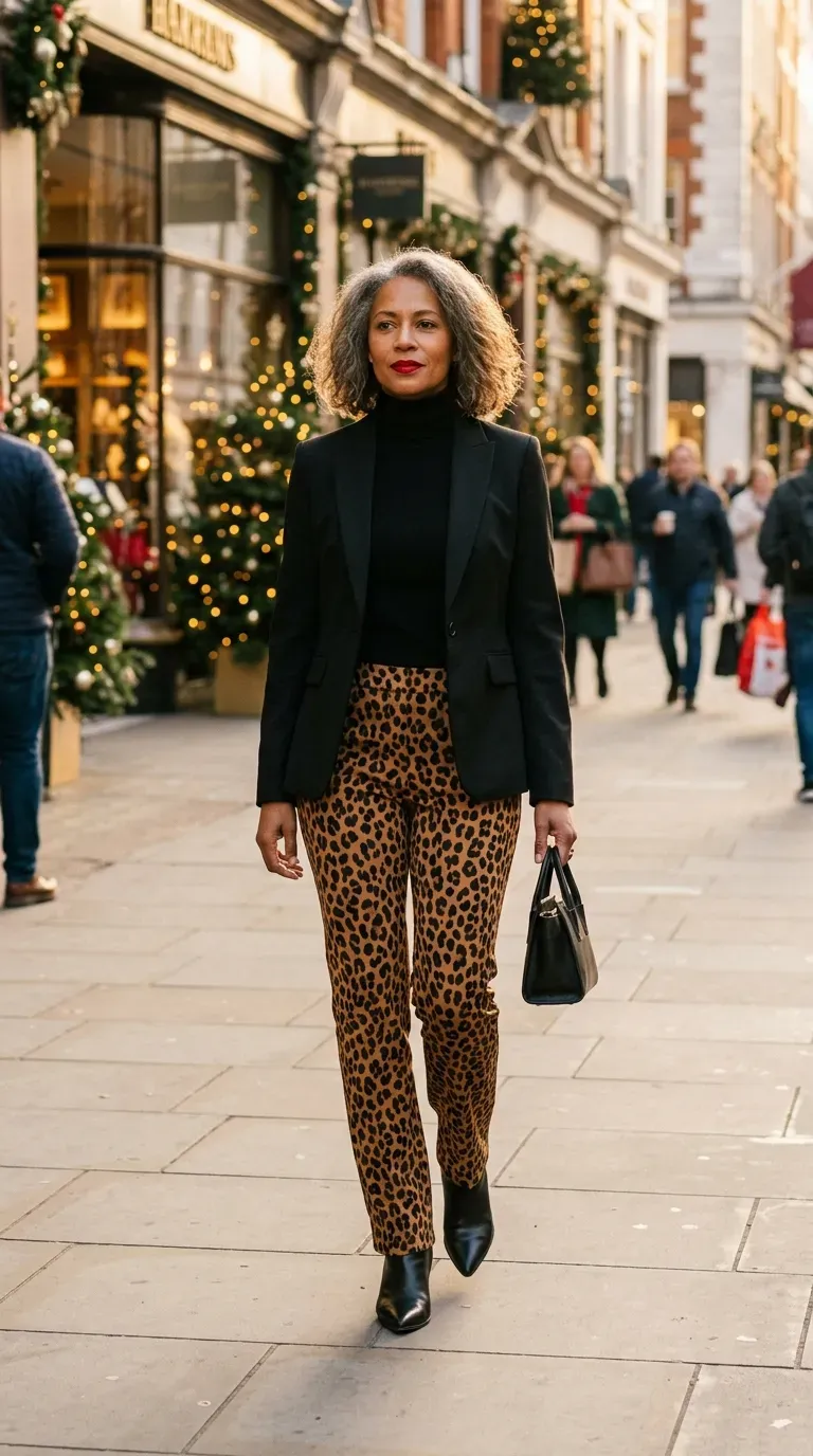 Woman over 40 in leopard-print trousers and black blazer on a festive city street