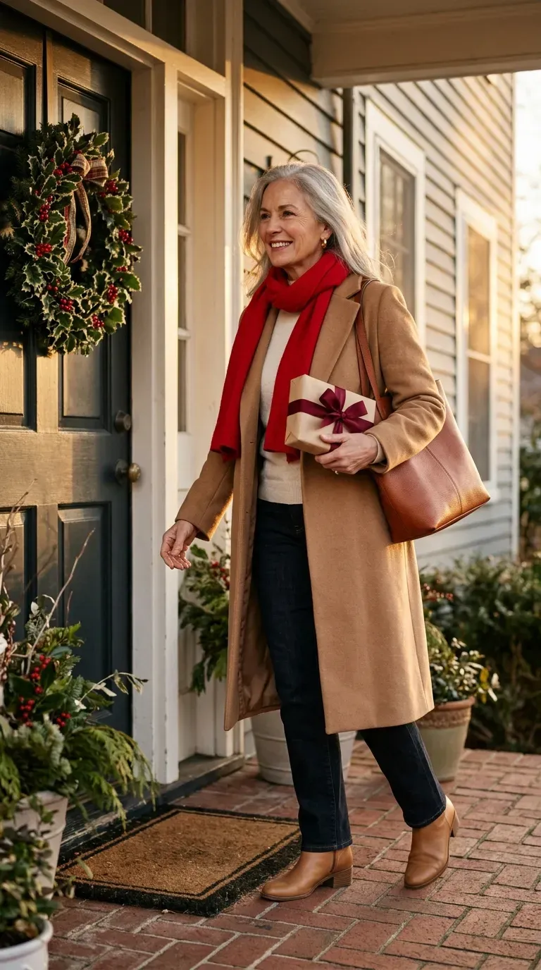 Woman over 50 in long camel coat, red scarf and dark jeans arriving to meet his family at Christmas