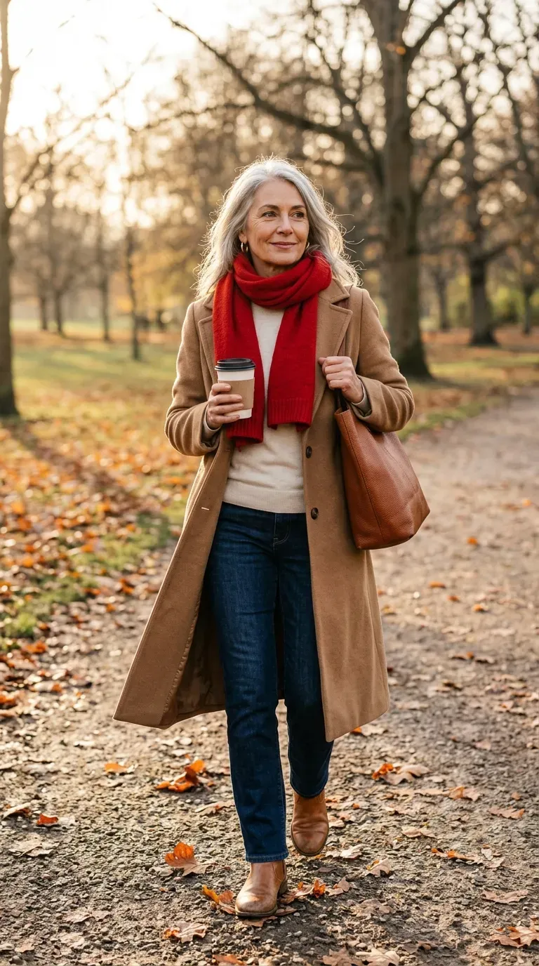 Woman over 50 in long camel coat, red scarf and straight jeans on a Christmas walk