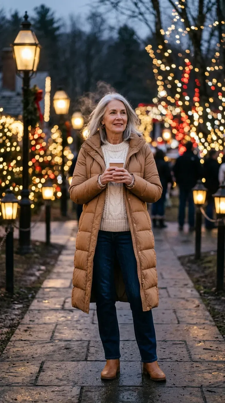 Woman over 50 in long camel puffer coat, cream chunky knit and dark jeans viewing Christmas lights