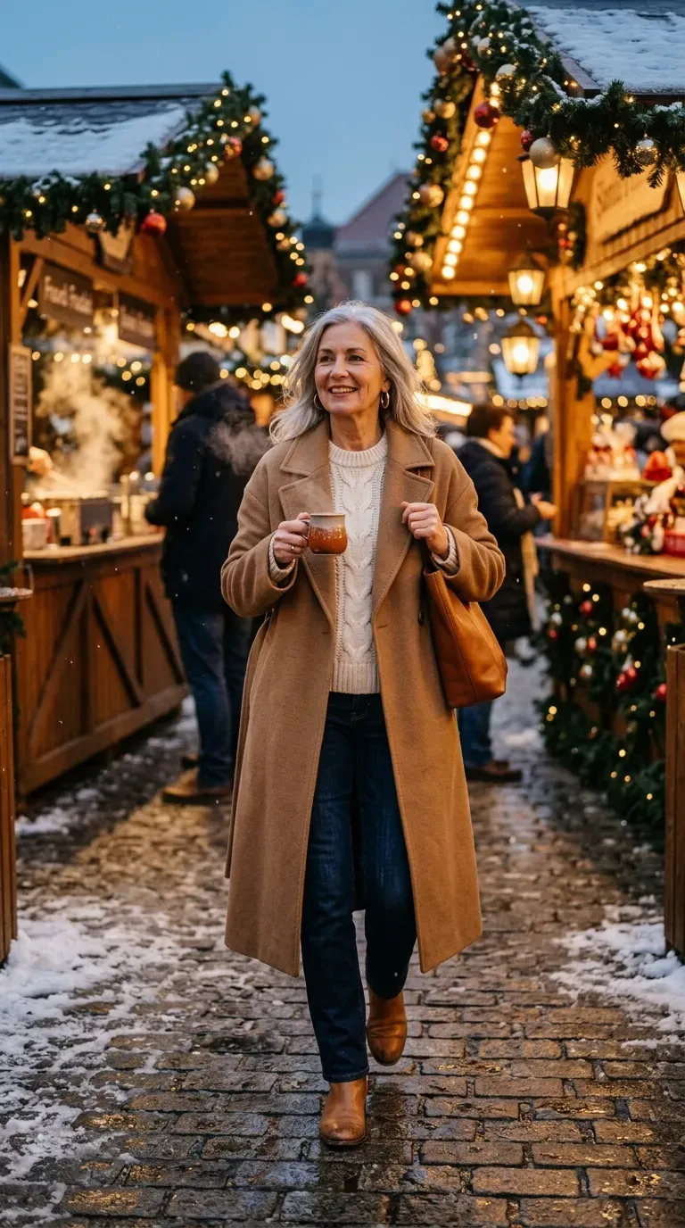 Woman over 50 in long camel coat, cream chunky knit and dark jeans at a Christmas market