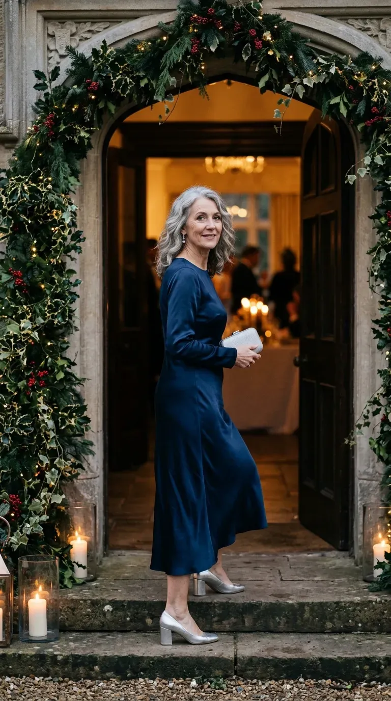 Woman over 50 in midnight blue satin midi dress and silver block heels at a winter wedding