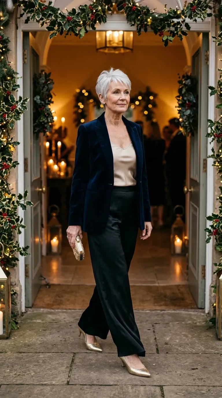 Woman over 50 in midnight blue velvet blazer, champagne cami and black silk trousers at a winter wedding