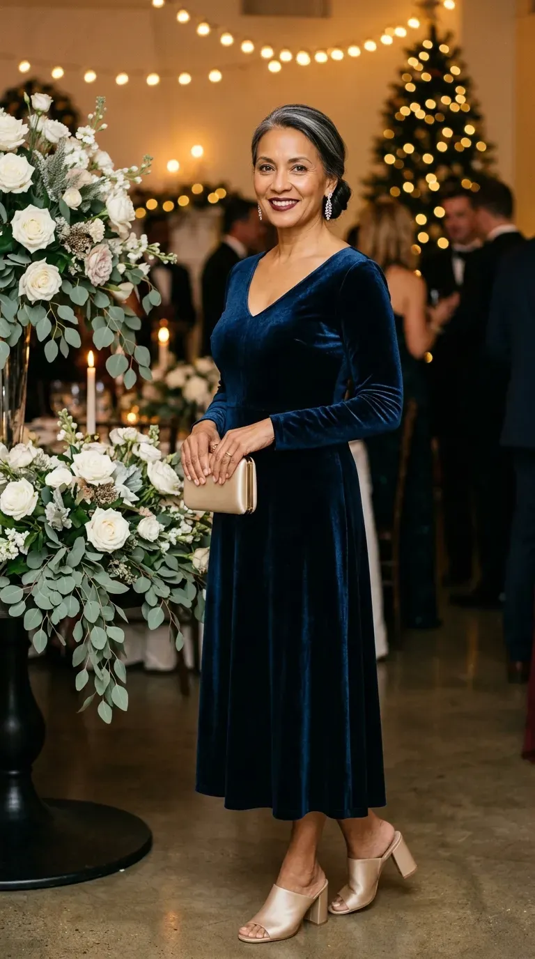 Woman over 40 in midnight blue velvet midi dress and champagne mules at a Christmas evening party
