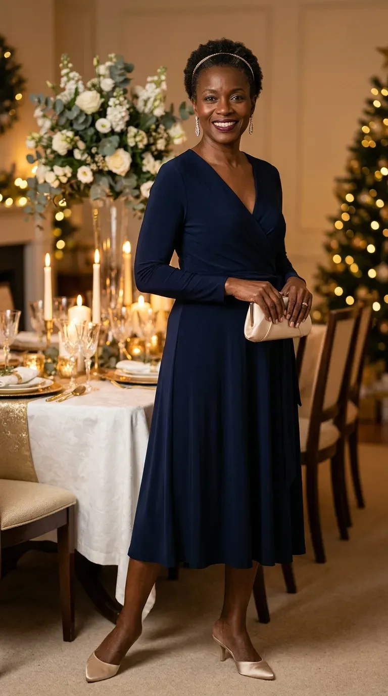 Woman over 50 in midnight navy wrap dress and champagne mules at a Christmas Day dinner