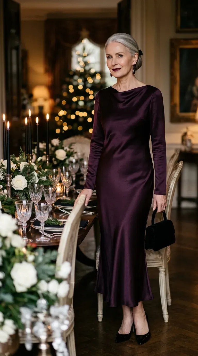 Woman over 50 in midnight plum satin column dress and black patent heels at a formal Christmas evening dinner
