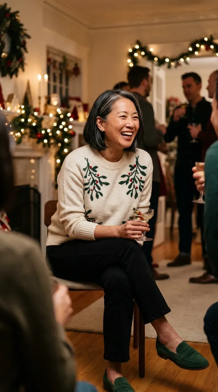 Woman over 50 in mistletoe print sweater, black jeans and green loafers at a party