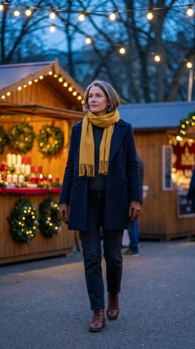 Woman in navy coat, mustard scarf and charcoal sweater at a park Christmas market