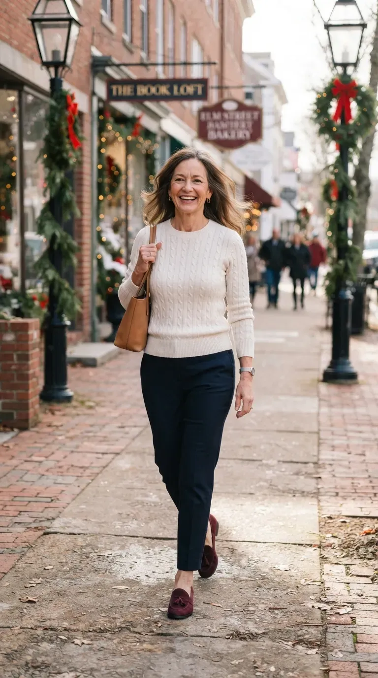 Petite woman over 50 in navy ankle trousers and ivory cable sweater on a sunny winter sidewalk