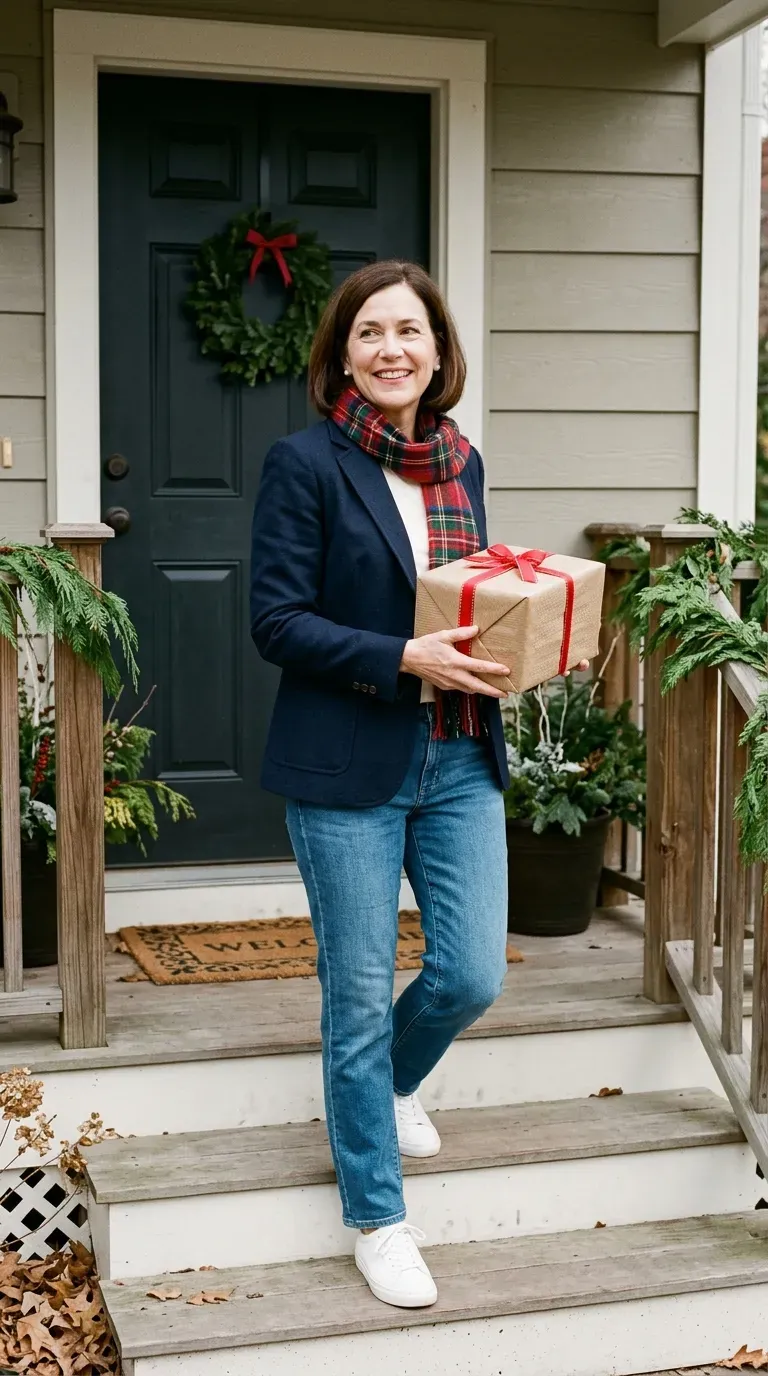 Woman over 50 in navy blazer, cream tee and straight jeans arriving to meet his family at Christmas