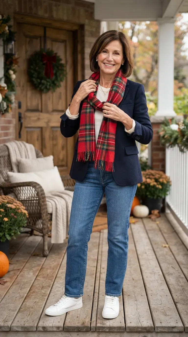 Woman over 50 in navy blazer, cream tee and straight jeans on an autumn porch