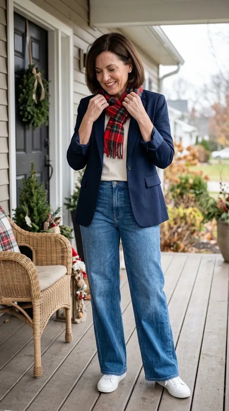 Woman over 50 in navy blazer, cream tee and wide-leg jeans on a decorated porch