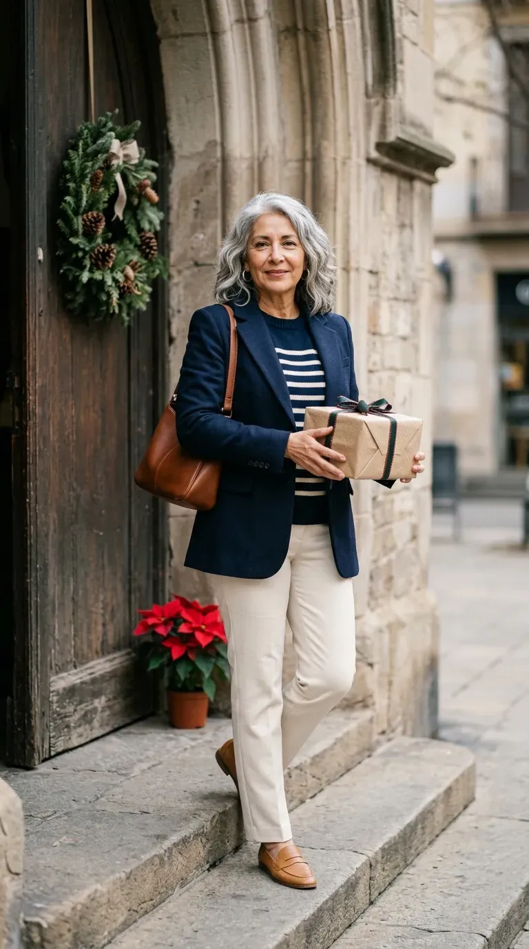 Latina woman in navy blazer, striped knit and cream trousers outside a holiday church door