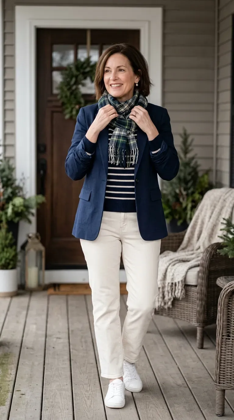 Woman over 50 in navy blazer, striped knit and ecru jeans on a decorated porch
