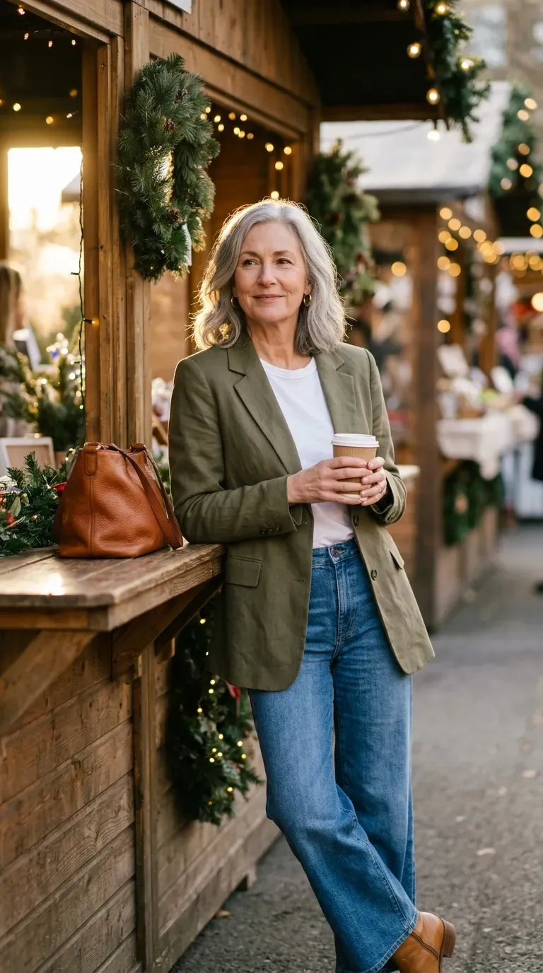 Woman over 50 in navy blazer, striped knit and ecru jeans on a park path