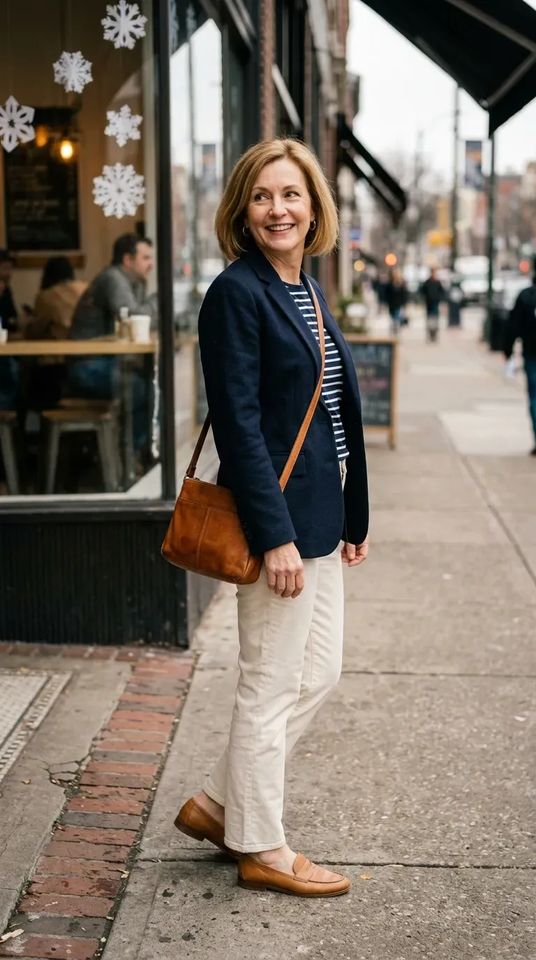 Woman over 50 in navy blazer, striped tee and cream trousers outside a cafe