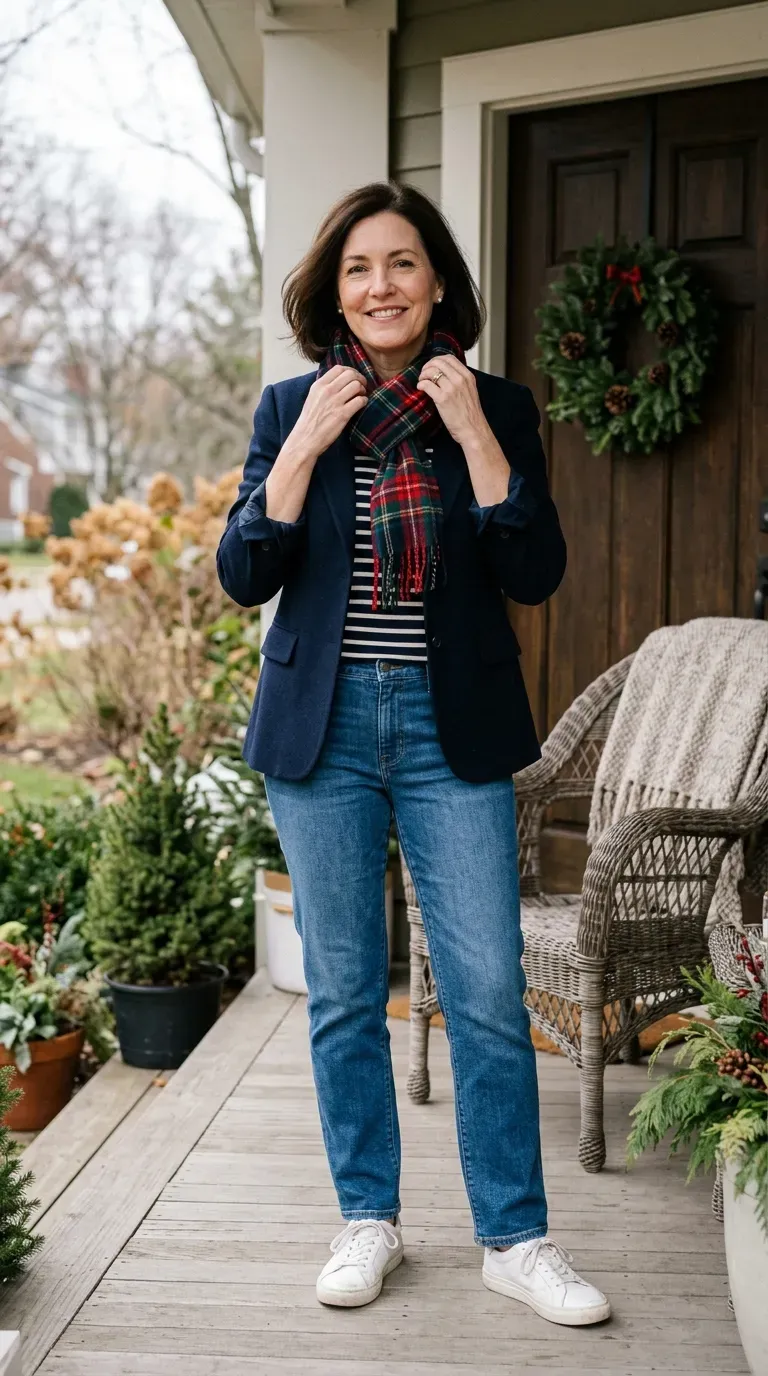 Woman over 50 in navy blazer, striped tee and straight jeans on a decorated porch