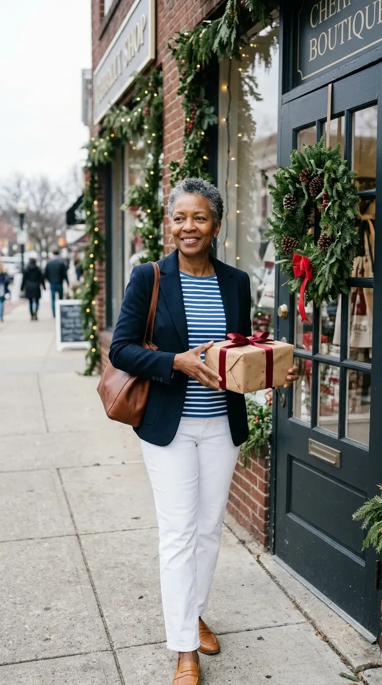 Black woman in a navy blazer, striped tee and white jeans outside a holiday shop