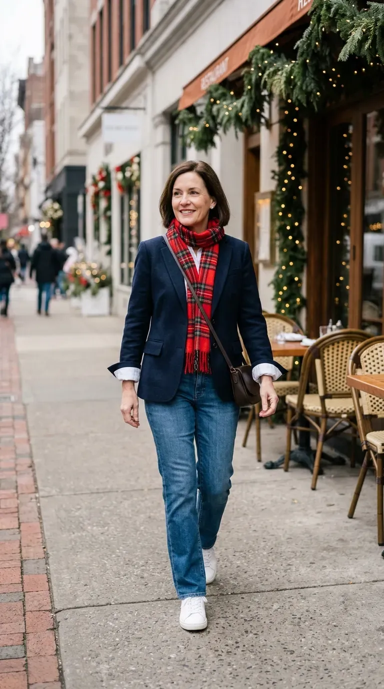 Woman over 50 in navy blazer, white shirt and straight jeans on a leafy street