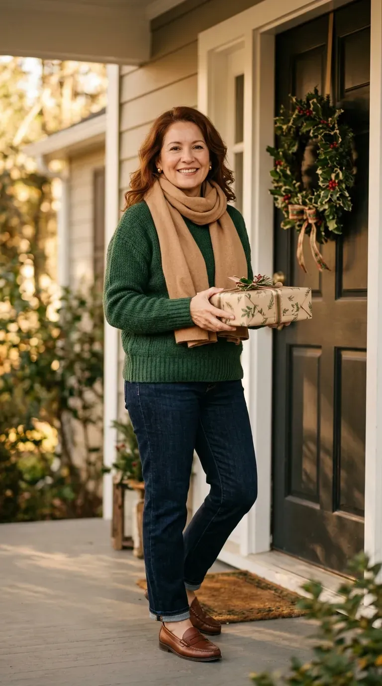Woman over 50 in navy blazer, white tee and dark jeans at a Christmas gathering