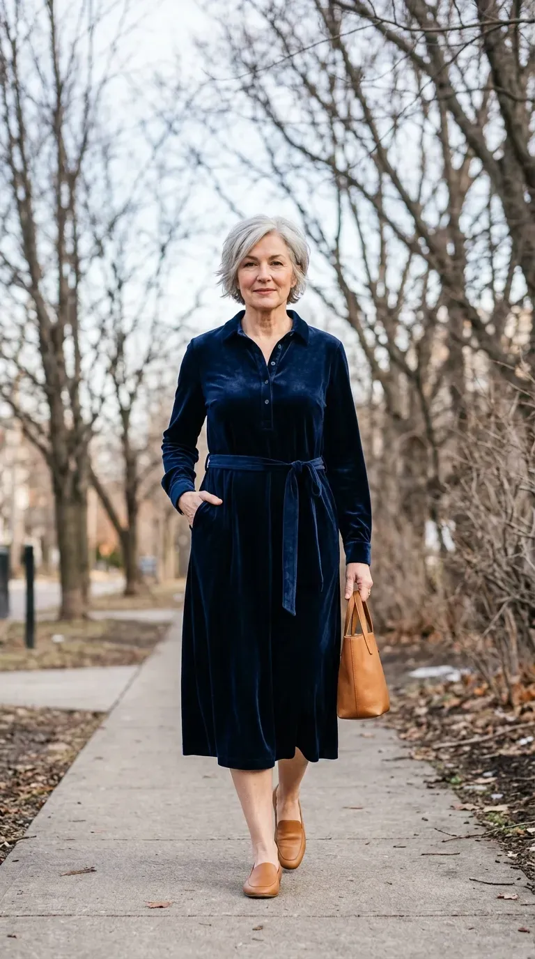Woman over 50 in navy velvet shirt dress and tan loafers on a winter Christmas afternoon walk