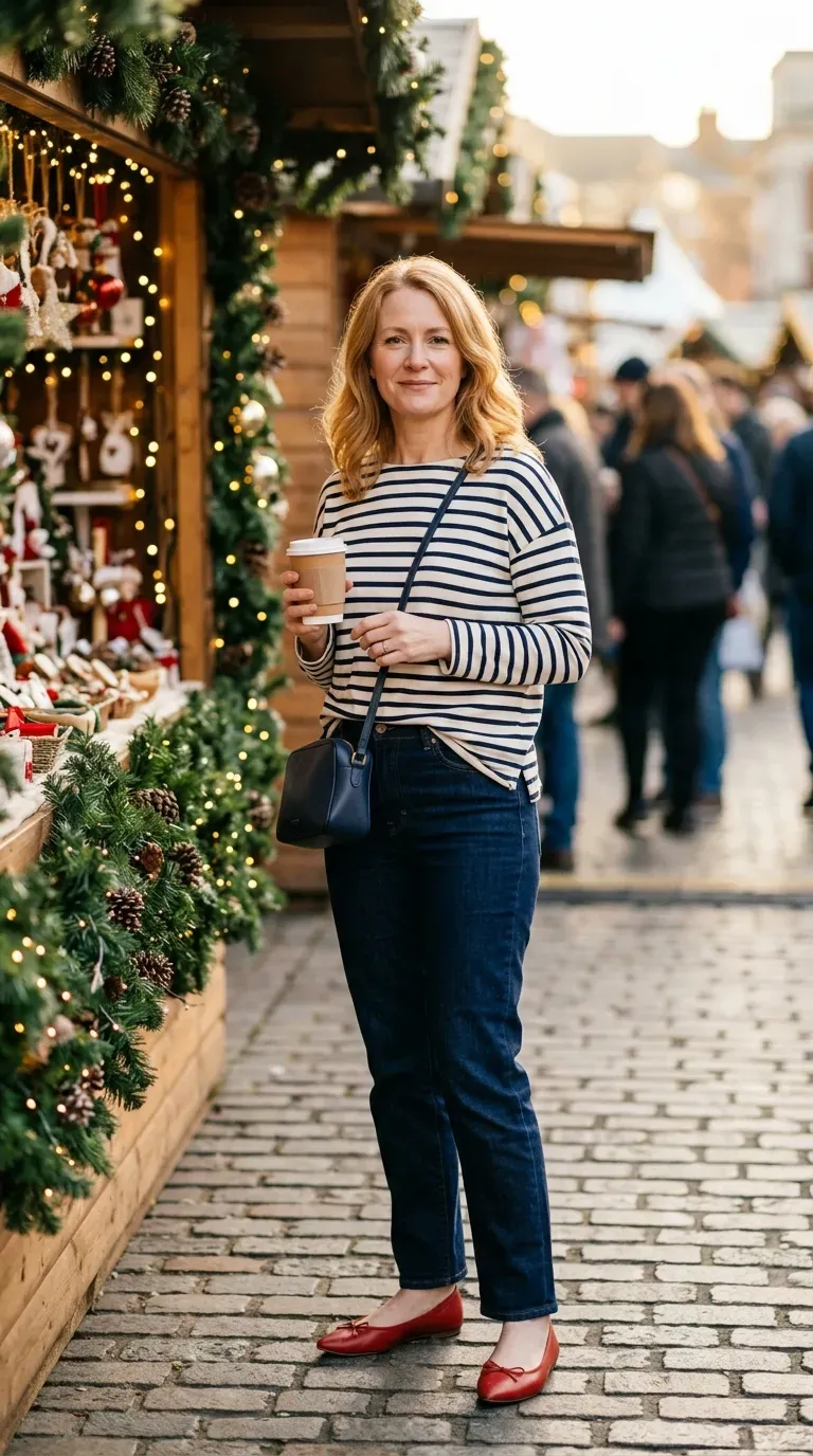 Woman over 40 in navy Breton top and dark jeans with red ballet flats at a Christmas market
