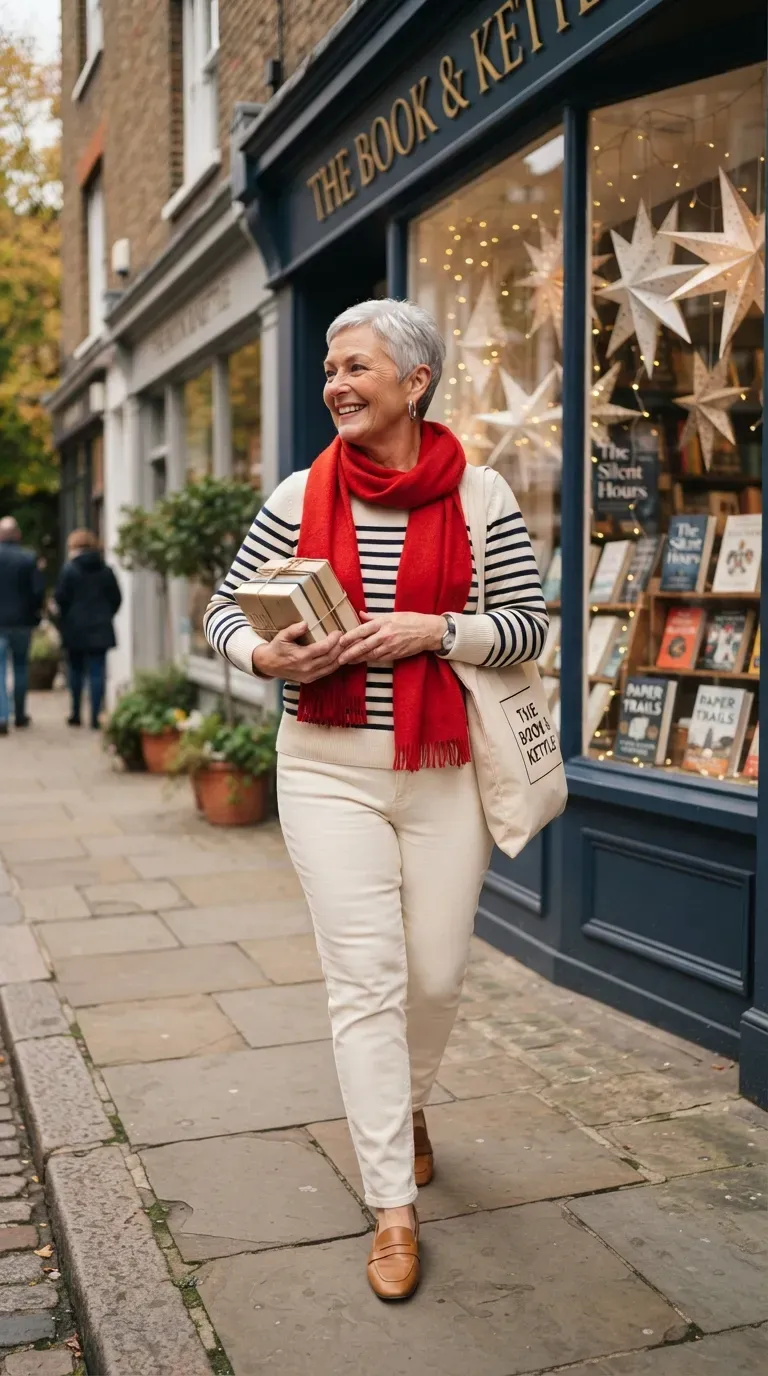 White plus-size woman in a navy striped sweater, cream jeans and red scarf outside a bookshop