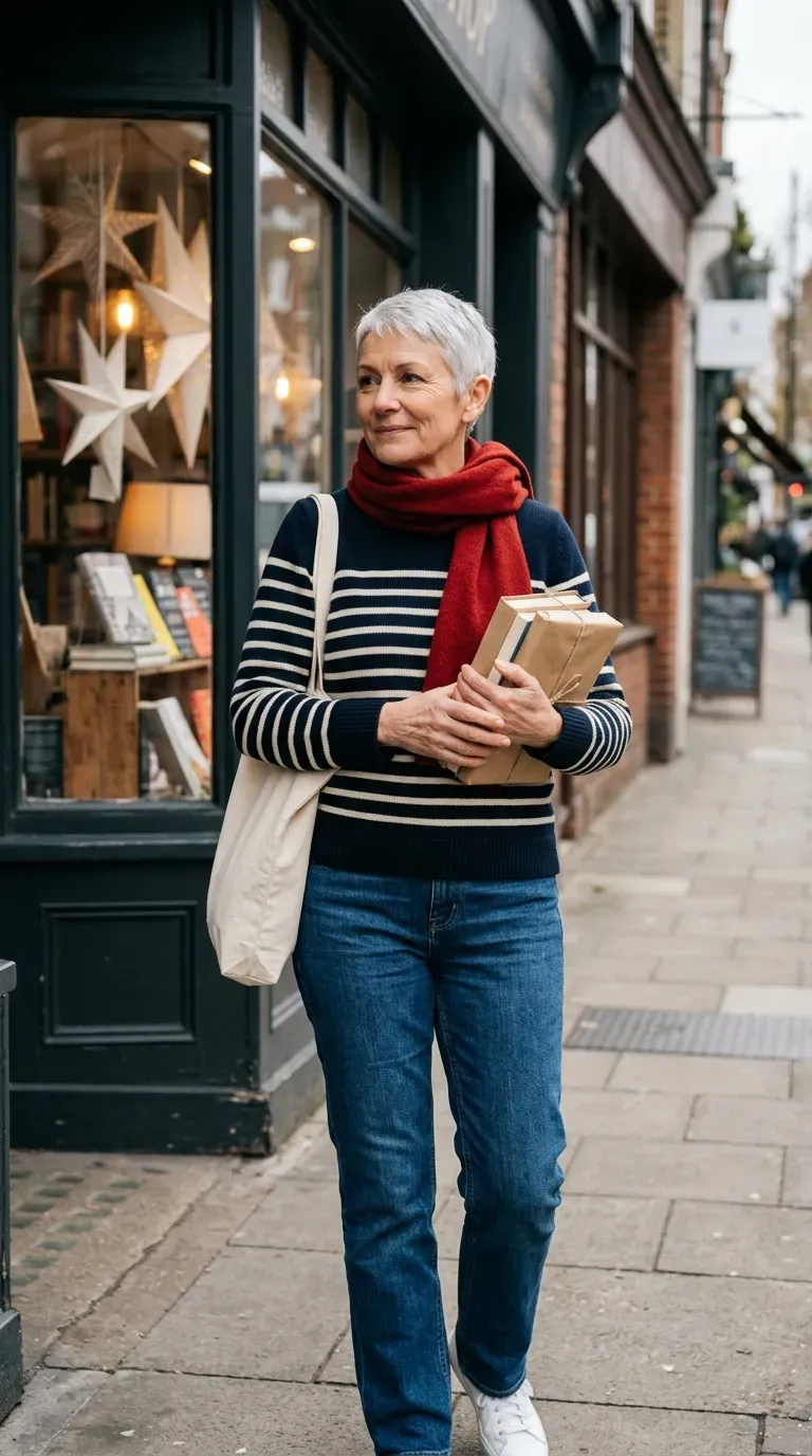Woman in navy striped sweater, straight jeans and red scarf outside a small bookshop