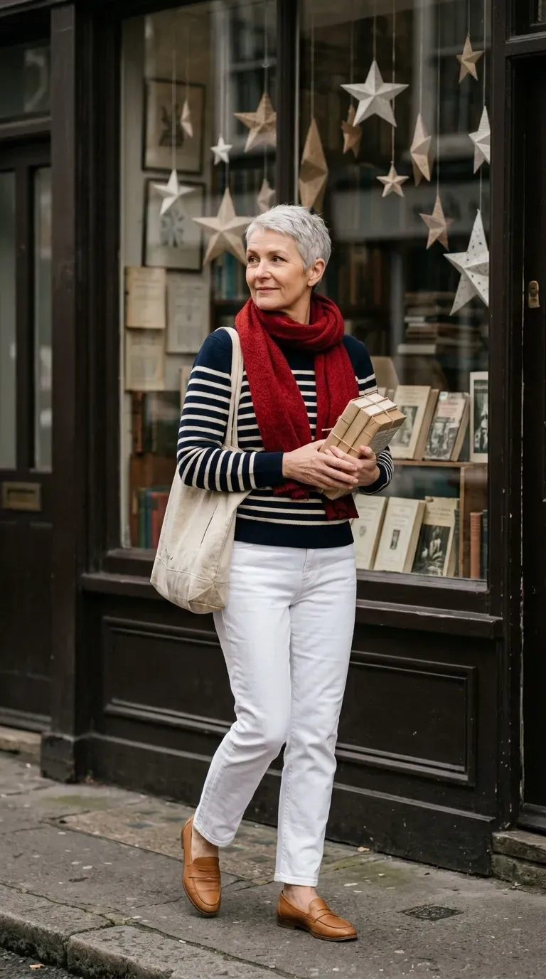 White woman in a navy striped sweater, white jeans and red scarf outside a bookshop
