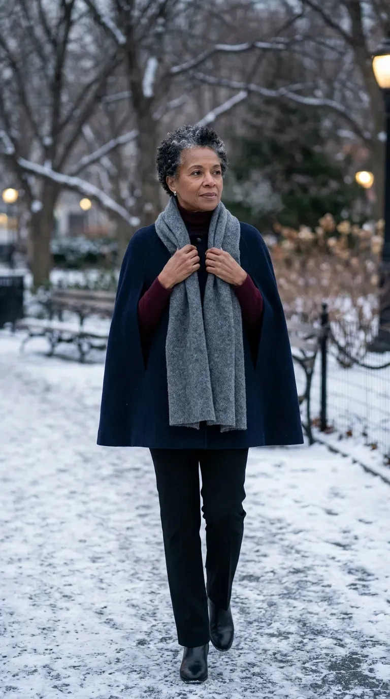 Woman over 50 in navy cape coat, burgundy turtleneck and black trousers on a snowy park path