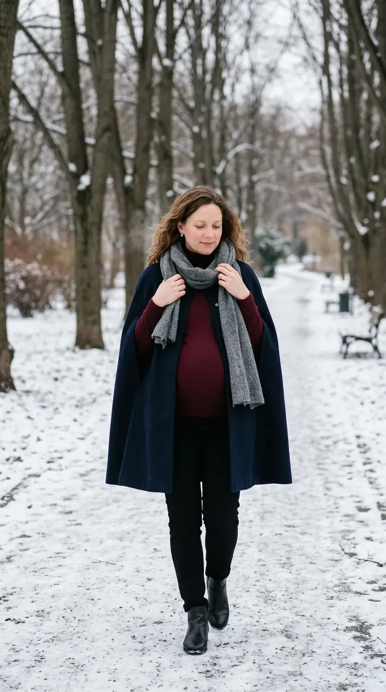 Pregnant woman in navy cape coat, burgundy turtleneck and black trousers on a snowy park path