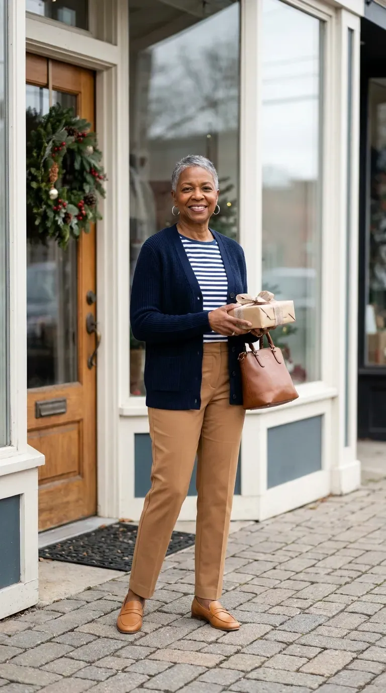 Black woman in a navy cardigan, striped tee and camel trousers outside a holiday shop