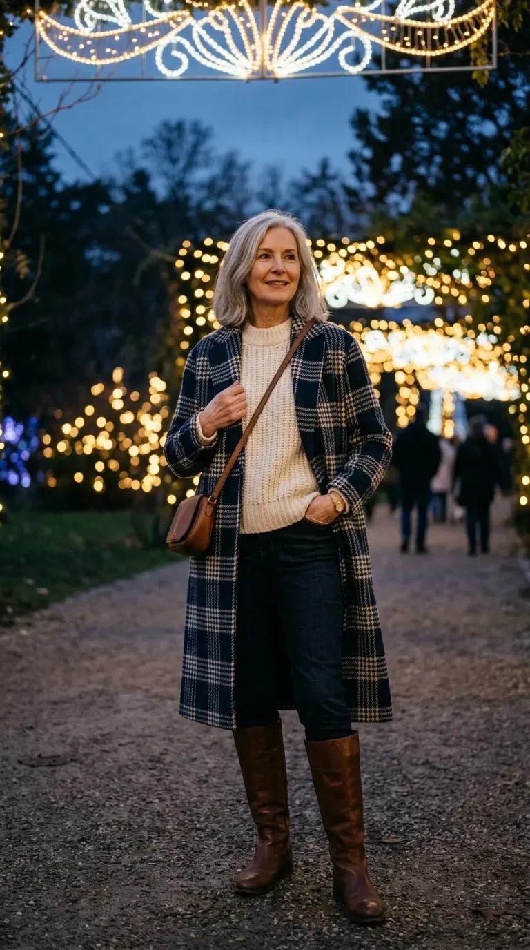 Woman over 50 in navy check coat, cream knit and brown boots at Christmas lights