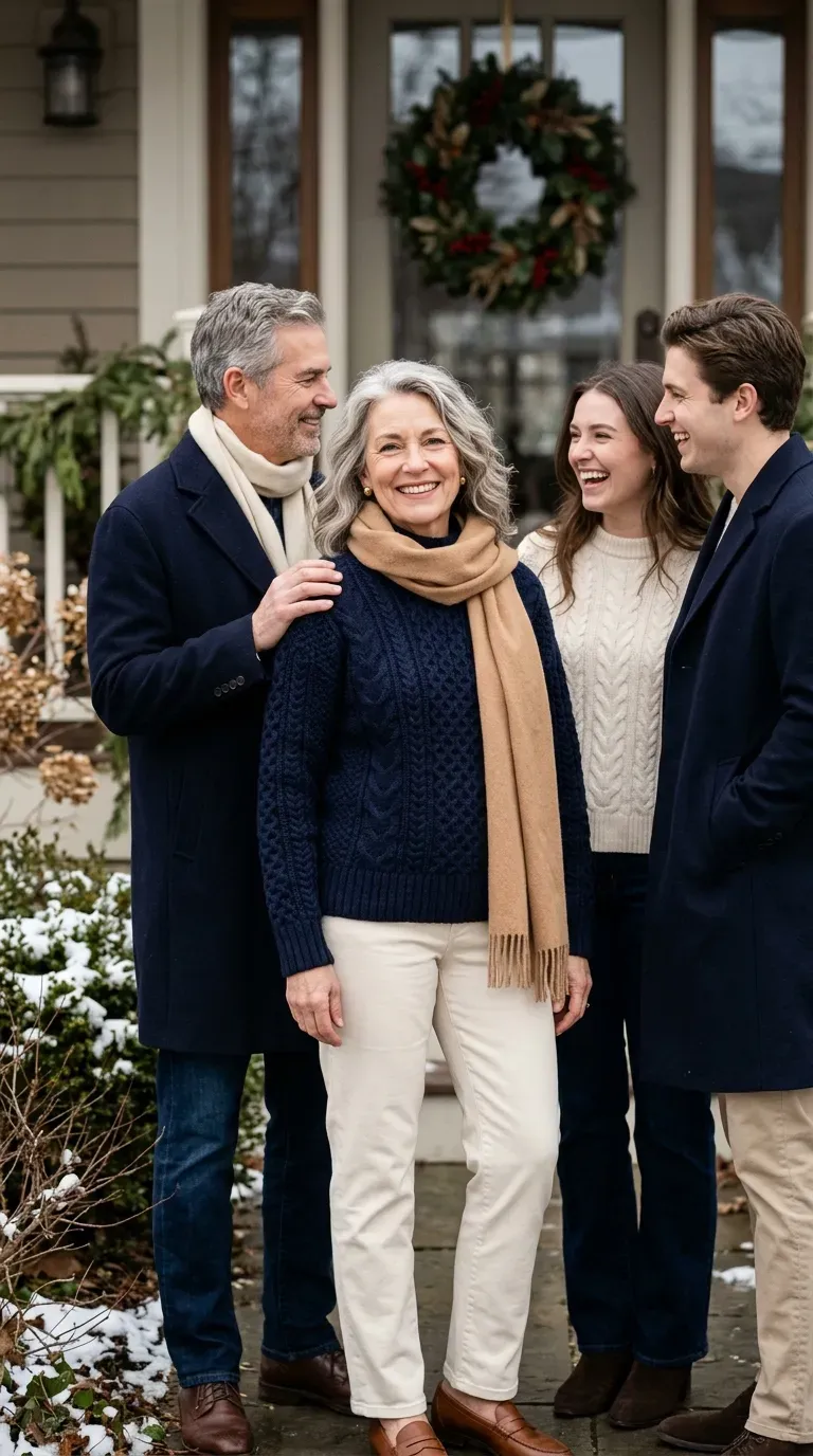 Woman over 50 in navy knit and cream trousers for a coordinated Christmas family photo