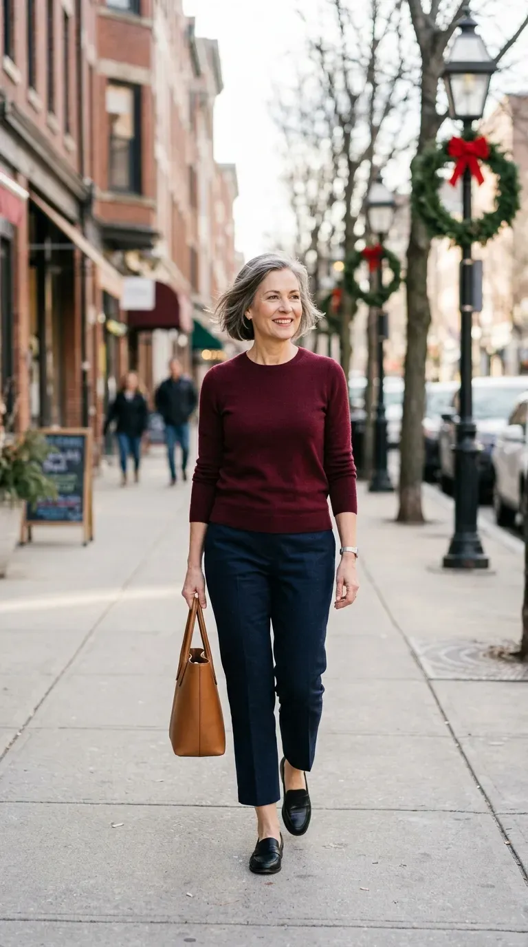 Woman over 50 in navy cropped trousers and burgundy sweater on a sunny winter sidewalk