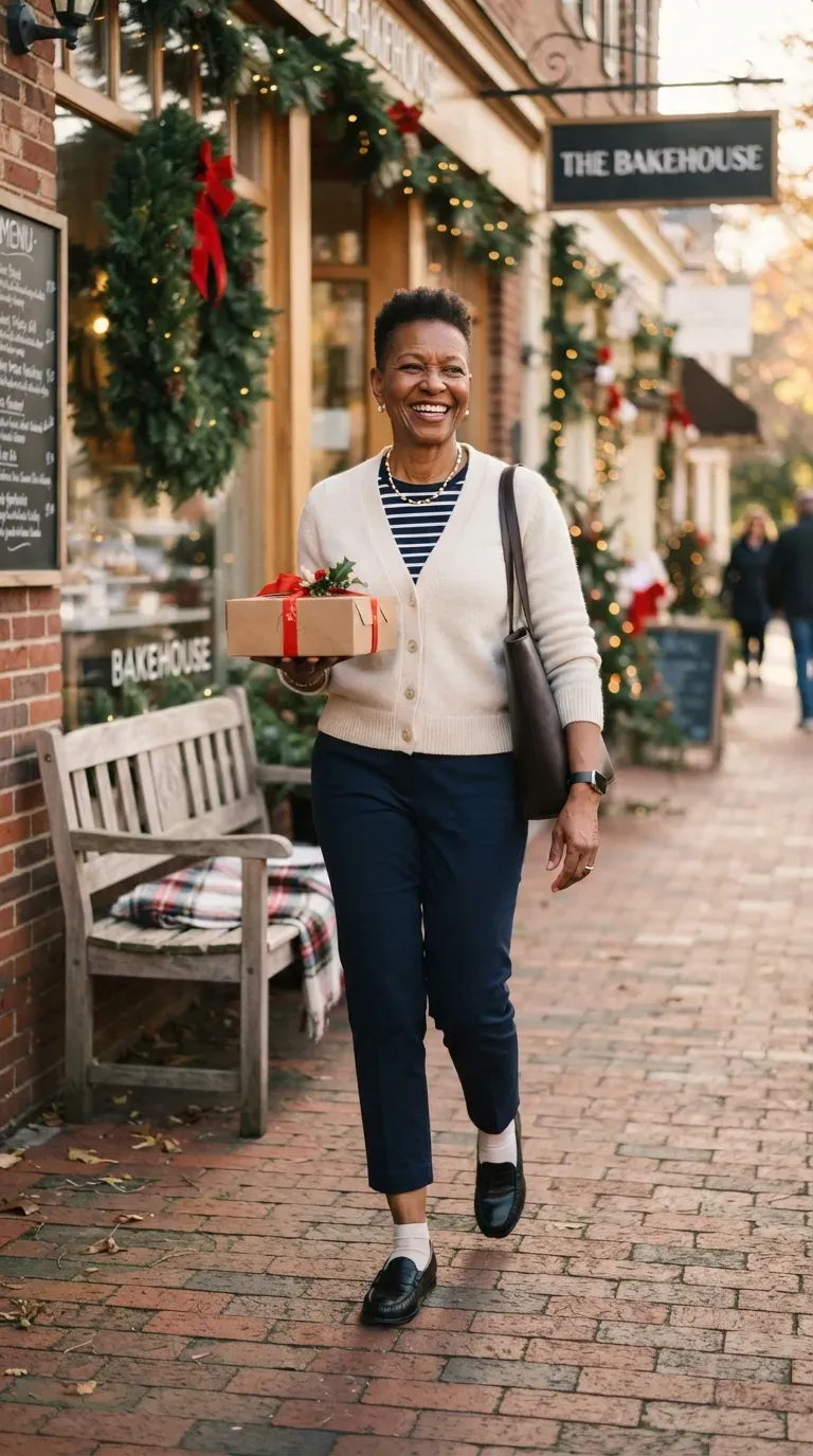 Woman over 50 in navy cropped trousers and a cream cardigan with loafers outside a bakery at Christmas