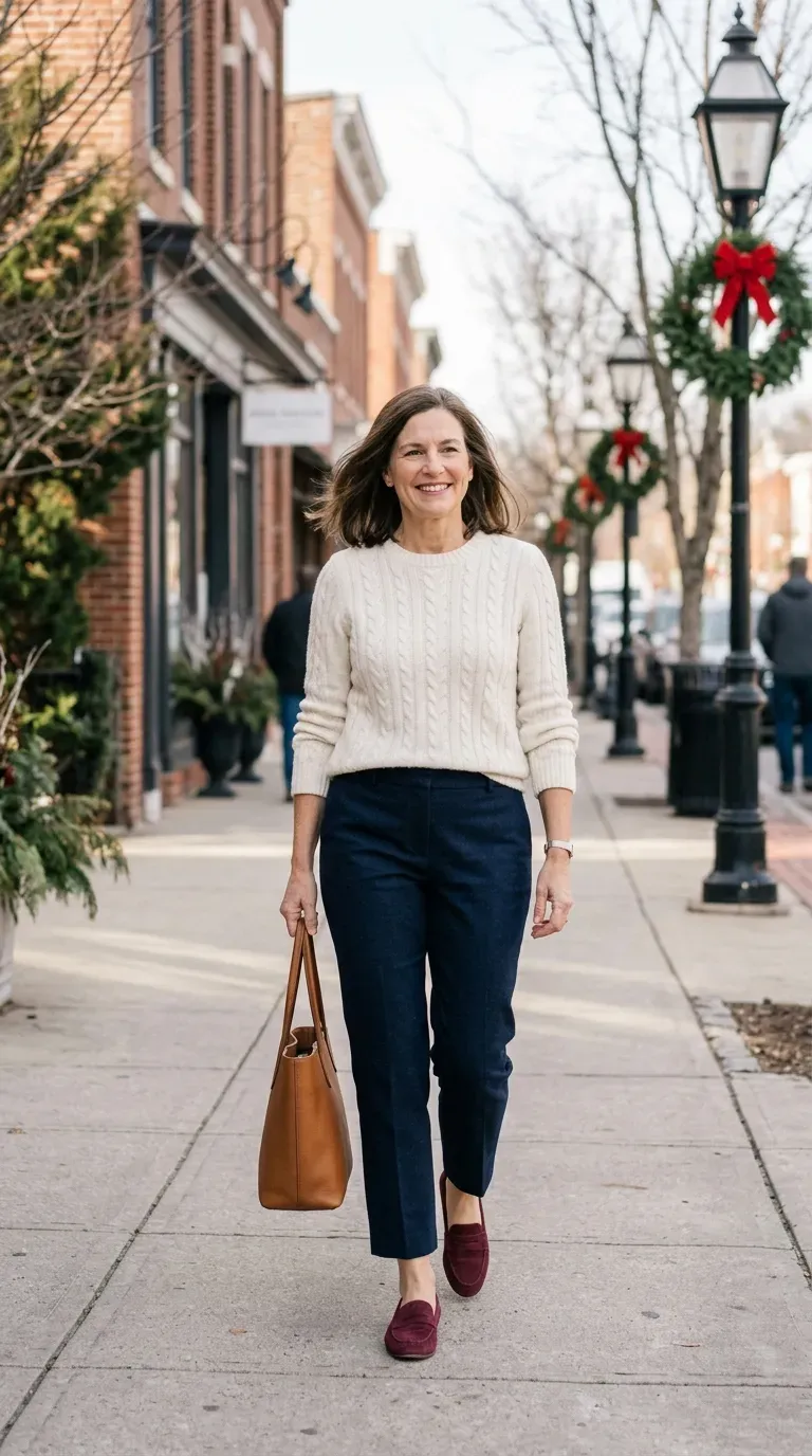 Woman over 50 in navy cropped trousers and ivory cable sweater on a sunny winter sidewalk