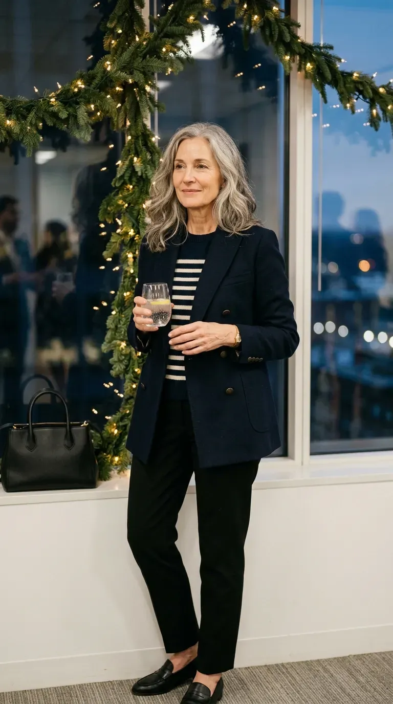 Woman over 50 in navy double-breasted blazer, striped knit and black trousers at a work party