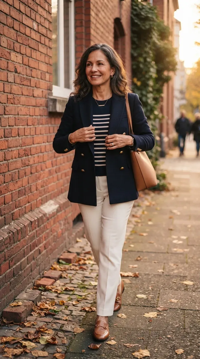Woman over 50 in navy double-breasted blazer, striped knit and ivory trousers by a brick wall