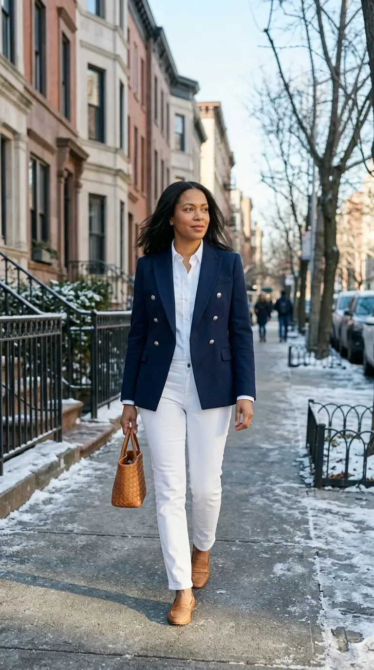 Woman over 40 in navy blazer and white slim trousers on a bright winter Christmas day