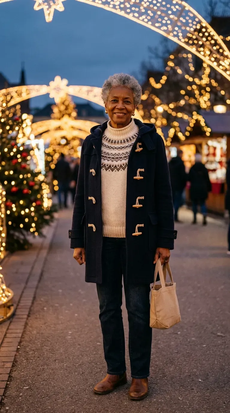 Woman over 50 in navy duffle coat, cream Fair Isle and flat ankle boots viewing Christmas lights