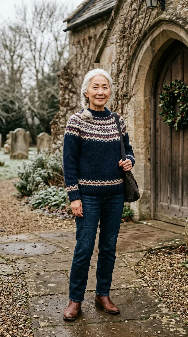 Woman over 50 in navy Fair Isle sweater, dark jeans and brown boots for a Christmas card