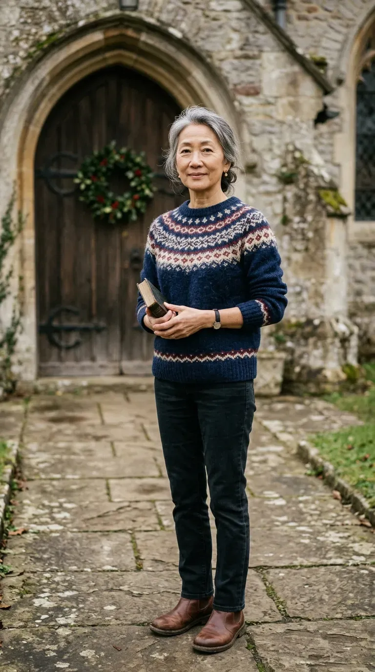 Woman over 50 in navy Fair Isle sweater, dark jeans and brown boots outside a church