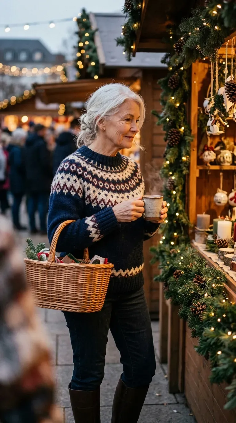 Woman over 50 in navy Fair Isle sweater, dark jeans and knee-high boots at a Christmas market
