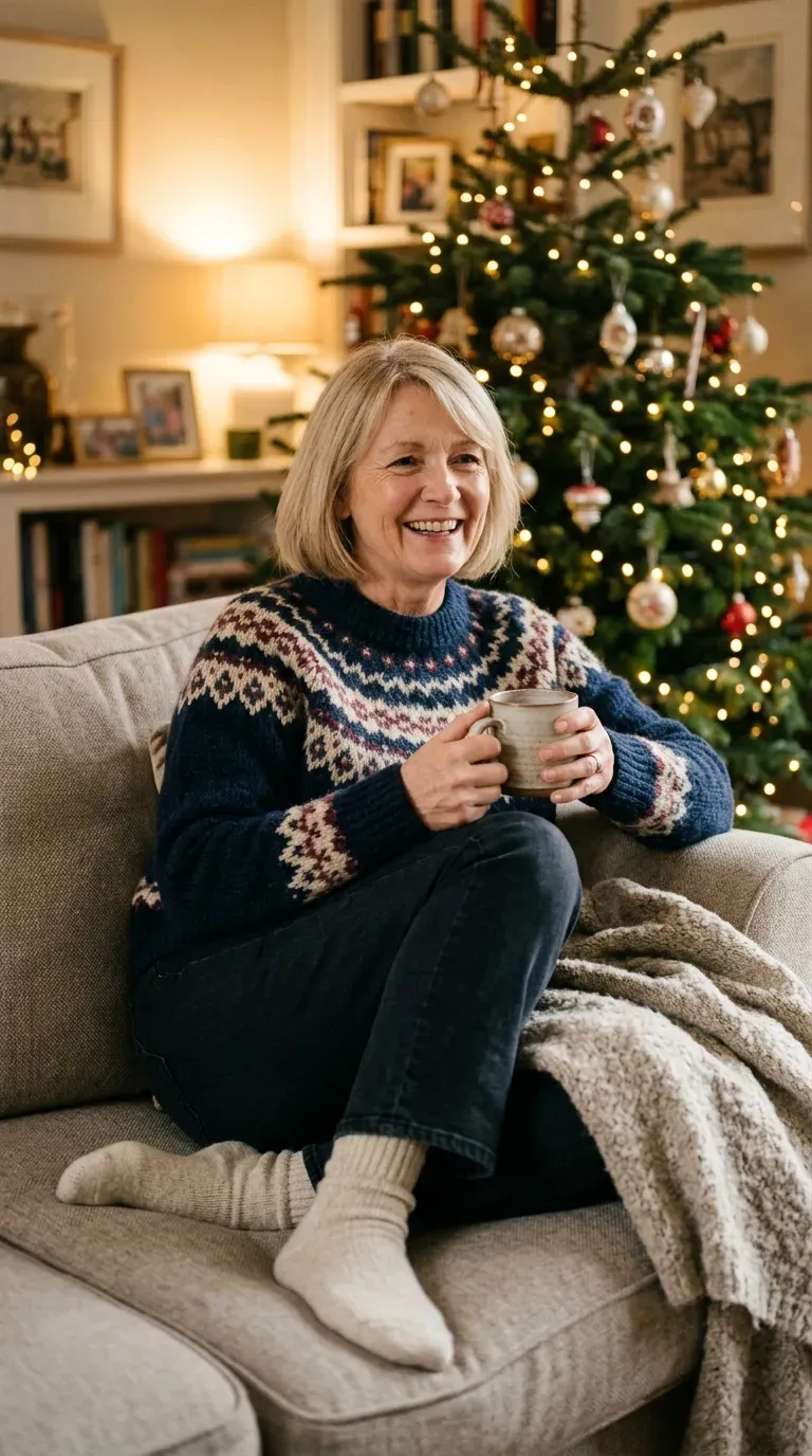 Woman over 50 in navy Fair Isle sweater, dark jeans and thick socks for a movie night